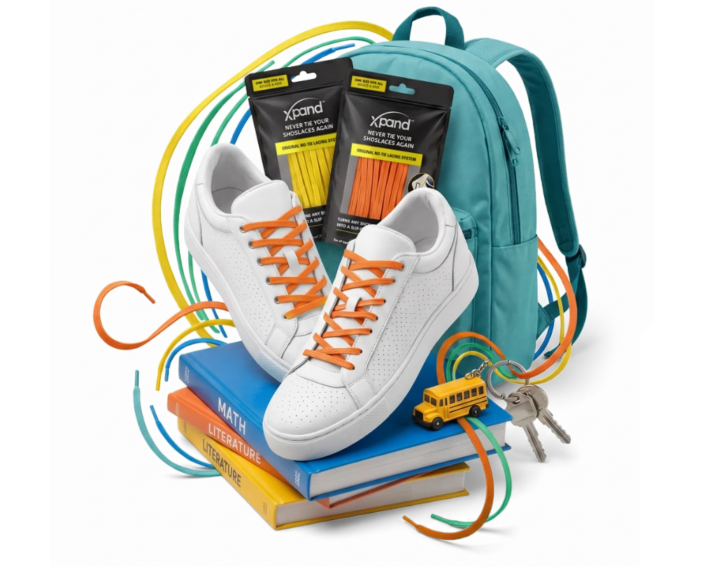 No-tie shoelaces with school shoes and backpack